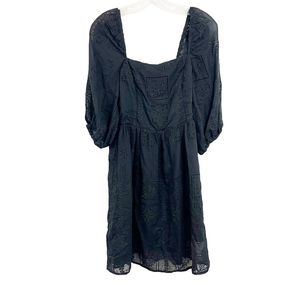 Johnny Was Ella Embroidered Mini Dress Black Square Neck Silk Boho Size Small